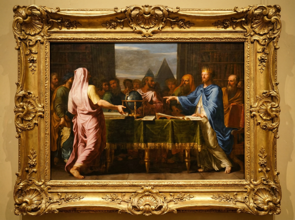 הדמיית הציור של ז'אן בטיסט דה שמפיין, משנת 1672, המוצג כיום בארמון ורסאי.